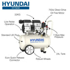 Hyundai HY7524X 750W 24L Oil Free Low Noise Portable Air Compressor 5.2CFM 118psi Direct Drive