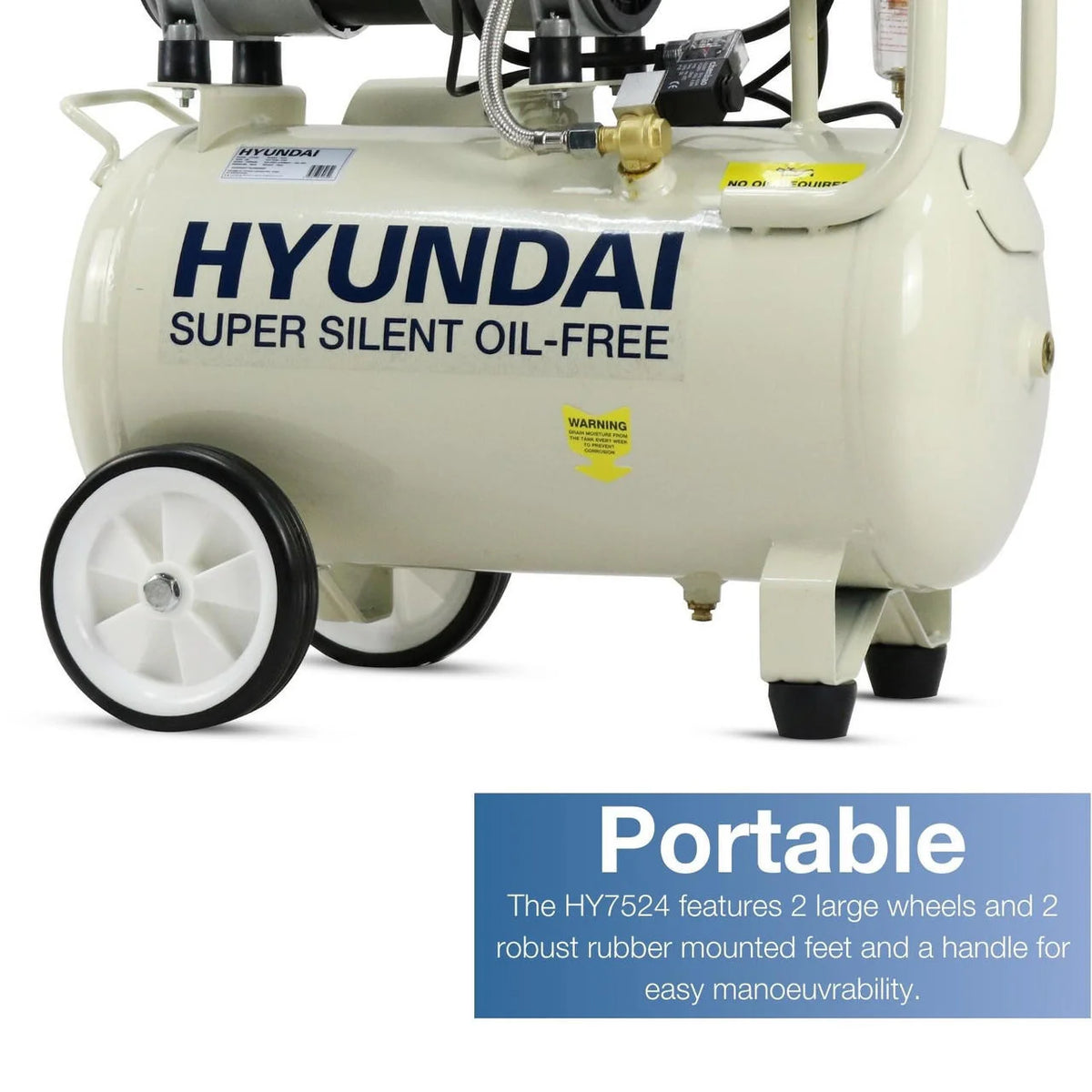 Hyundai HY7524X 750W 24L Oil Free Low Noise Portable Air Compressor 5.2CFM 118psi Direct Drive