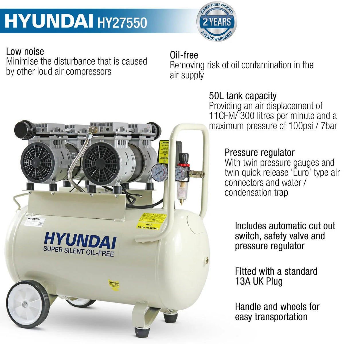 Hyundai HY27550X 1500W 50L Oil Free Low Noise Portable Electric Air Compressor 11CFM 118psi