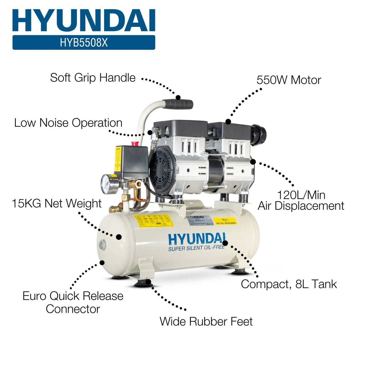 Hyundai HY5508X 550W 8L Oil Free Low Noise Portable Air Compressor 4CFM 118psi Direct Drive
