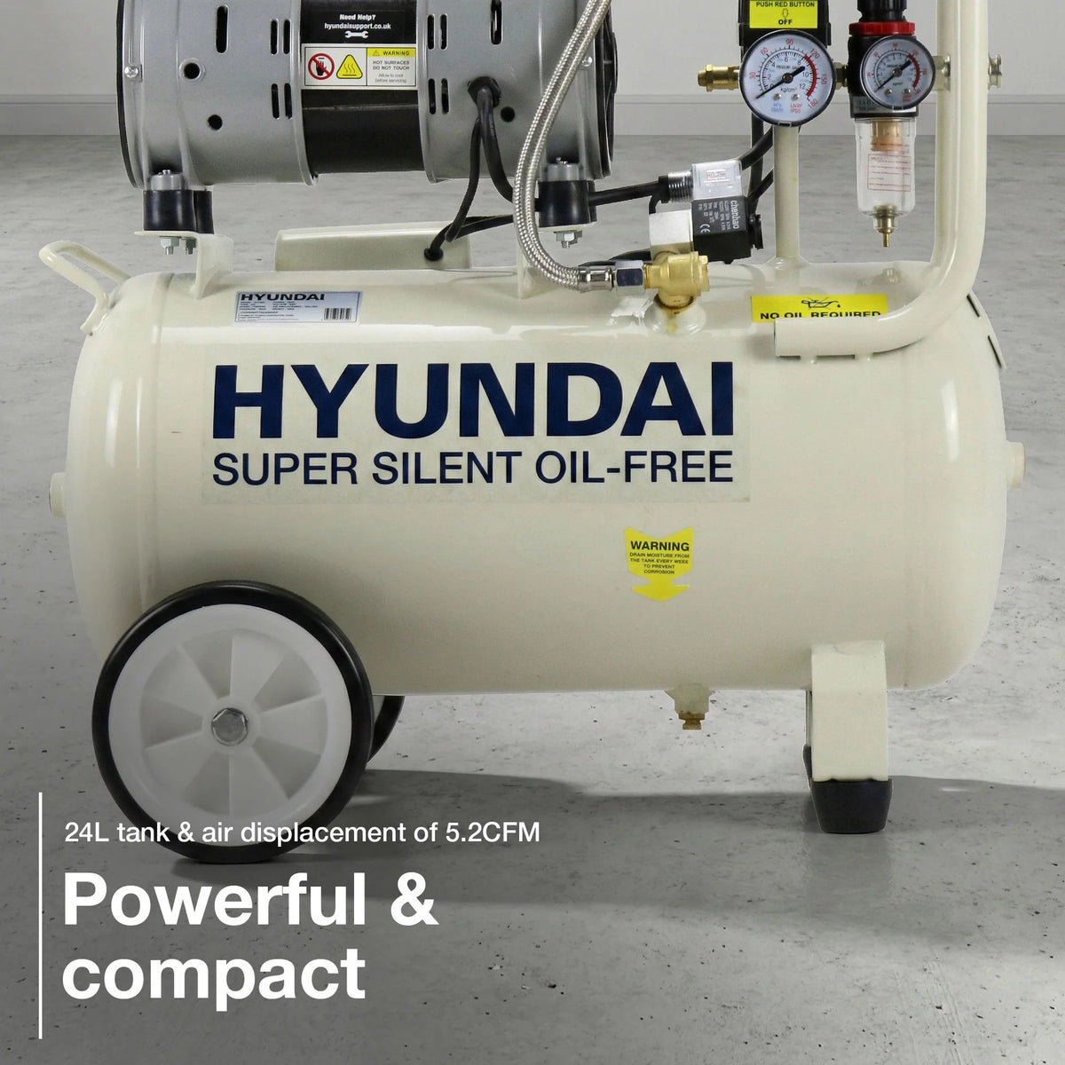 Hyundai HY7524X 750W 24L Oil Free Low Noise Portable Air Compressor 5.2CFM 118psi Direct Drive