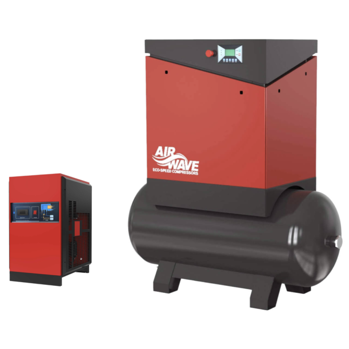 Airwave ECO-Speed, Fixed Speed Compressor, 7.5hp/5.5Kw-400V, 30 CFM, Max 10 Bar, 300L Tank Mounted + Floor Mounted Dryer.