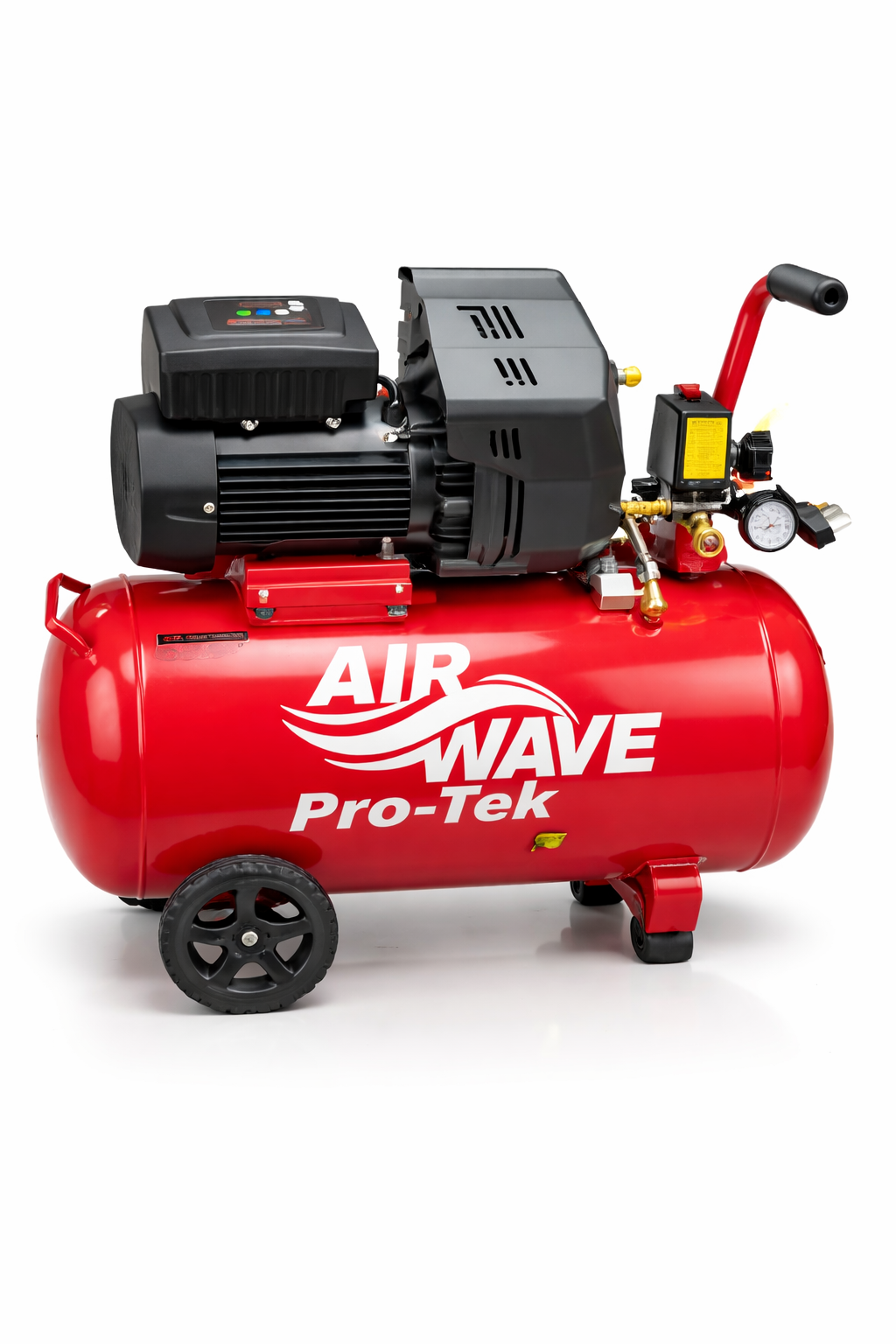 Red air compressor with 'Air Wave Pro-Tek' branding on a white background