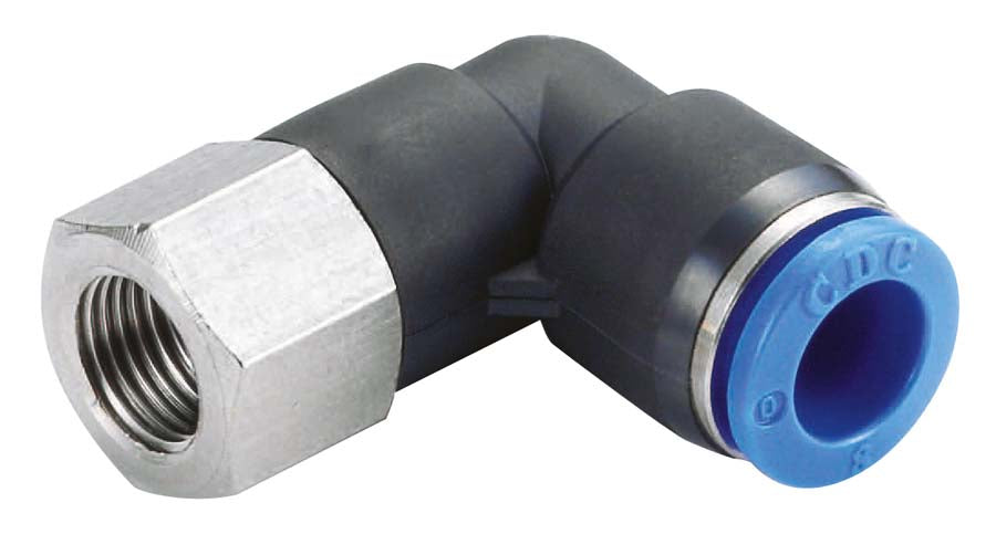 Pneumatic fitting with blue compression nut and metal female thread on a white background