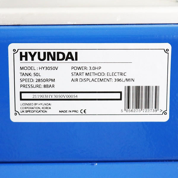 Hyundai HY3050V Electric Air Compressor with V-Twin Cylinder, 2.2kW 230V Motor, 3hp and 50L Tank