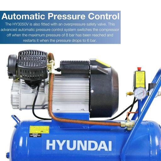 Hyundai HY3050V Electric Air Compressor with V-Twin Cylinder, 2.2kW 230V Motor, 3hp and 50L Tank