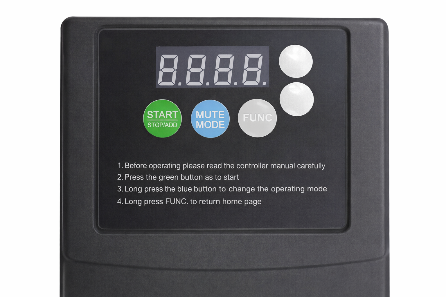 Control panel with digital display and buttons on a white background